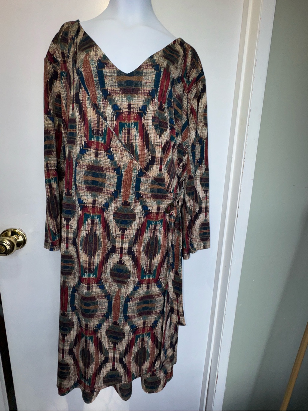 Cato Taupe Multi-Color Geometric Long Sleeve Wrap Dress
